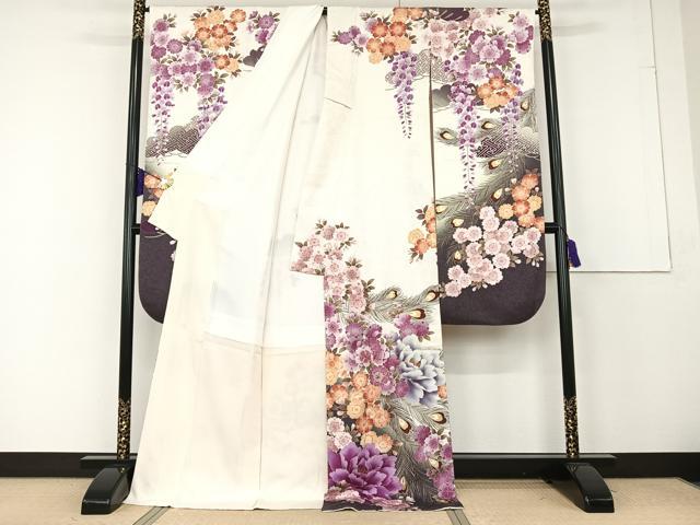 平和屋着物●NICOLE 振袖 駒刺繍 孔雀羽草花文 暈し染め 金彩 銀通し地 正絹 逸品 AAAQ0666np