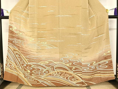 平和屋着物●訪問着 流水 金彩 鬼しぼ縮緬 正絹 逸品 AAAQ0745np
