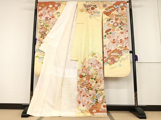 平和屋着物●豪華振袖 駒刺繍 貝桶花鞠文 金彩 正絹 逸品 AAAQ0774np