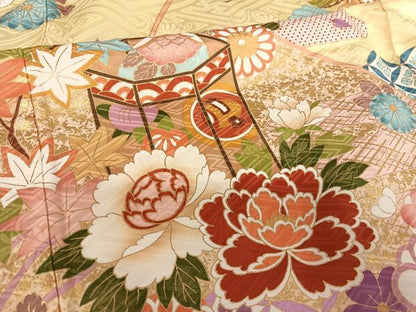 平和屋着物●豪華振袖 駒刺繍 貝桶花鞠文 金彩 正絹 逸品 AAAQ0774np