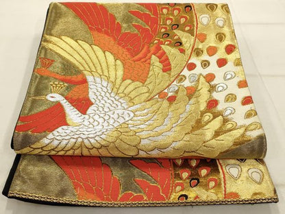 平和屋着物◎六通柄袋帯　舞鳥文　黒地　金銀糸　正絹　逸品　AAAQ1203tm