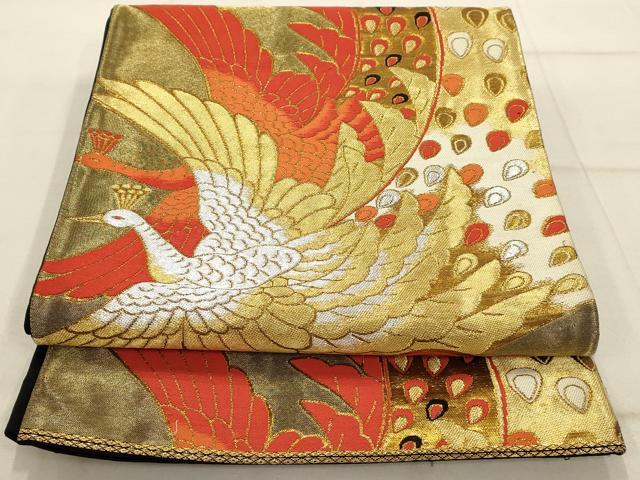 平和屋着物◎六通柄袋帯　舞鳥文　黒地　金銀糸　正絹　逸品　AAAQ1203tm