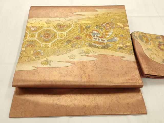 平和屋着物◎中国三大刺繍　汕頭刺繍　スワトウ刺繍　九寸名古屋帯　霞花鳥文　金糸　引箔　正絹　逸品　AAAQ1214tm