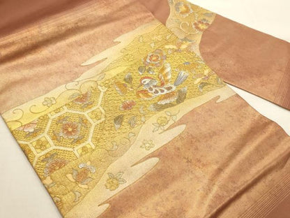 平和屋着物◎中国三大刺繍　汕頭刺繍　スワトウ刺繍　九寸名古屋帯　霞花鳥文　金糸　引箔　正絹　逸品　AAAQ1214tm
