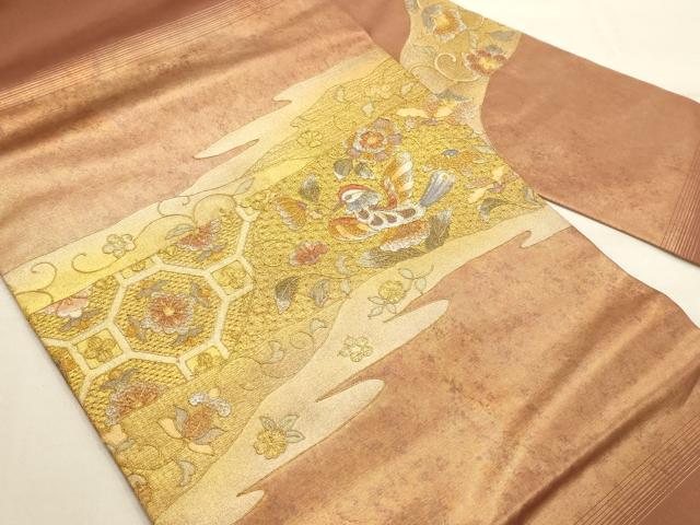 平和屋着物◎中国三大刺繍　汕頭刺繍　スワトウ刺繍　九寸名古屋帯　霞花鳥文　金糸　引箔　正絹　逸品　AAAQ1214tm