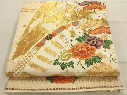 平和屋着物◎六通柄袋帯 唐織 片輪車花文 金糸 正絹 逸品 AAAQ1225tm