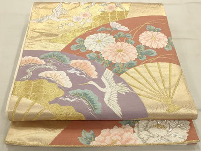平和屋着物◎六通柄袋帯　唐織　扇面隆昌文　金銀糸　引箔　正絹　逸品　AAAQ1238tm