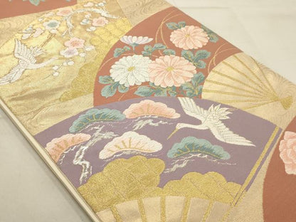 平和屋着物◎六通柄袋帯　唐織　扇面隆昌文　金銀糸　引箔　正絹　逸品　AAAQ1238tm