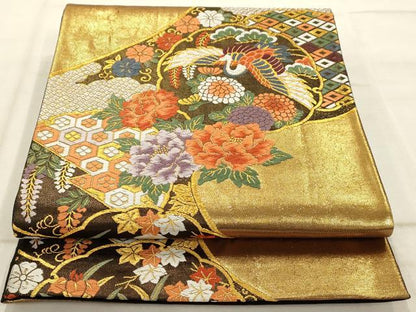 平和屋着物◎六通柄袋帯　唐織　雪輪花鳥文　黒地　金糸　正絹　逸品　AAAQ1239tm
