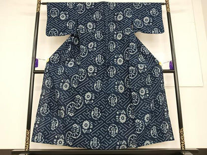 平和屋着物▽弓浜絣　単衣　松竹梅　菊　綿　逸品　AAAQ3097zg