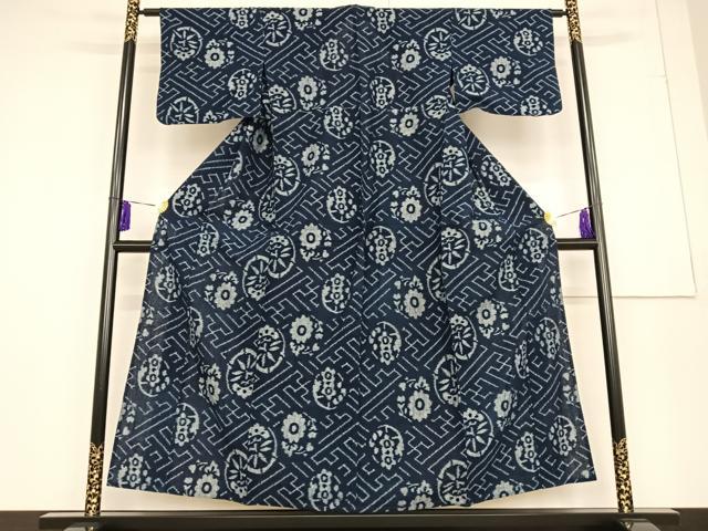 平和屋着物▽弓浜絣　単衣　松竹梅　菊　綿　逸品　AAAQ3097zg