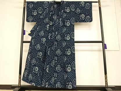 平和屋着物▽弓浜絣　単衣　松竹梅　菊　綿　逸品　AAAQ3097zg