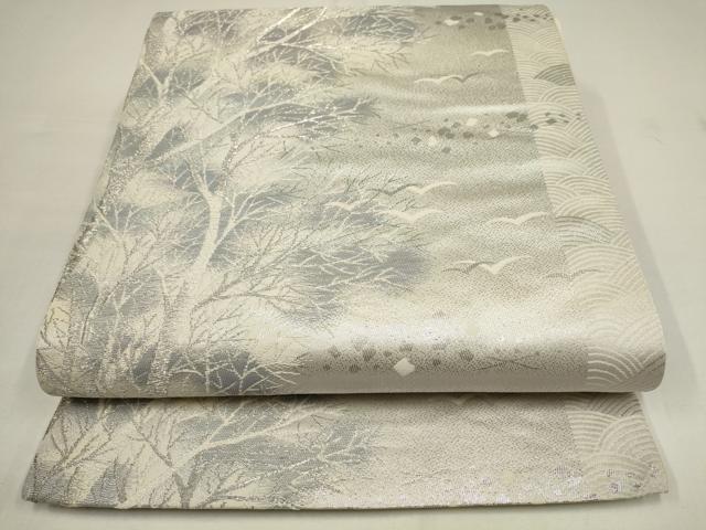 平和屋着物●六通柄袋帯　草木飛鳥文　銀糸　正絹　逸品　AAAQ4722wj
