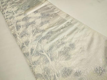 平和屋着物●六通柄袋帯　草木飛鳥文　銀糸　正絹　逸品　AAAQ4722wj