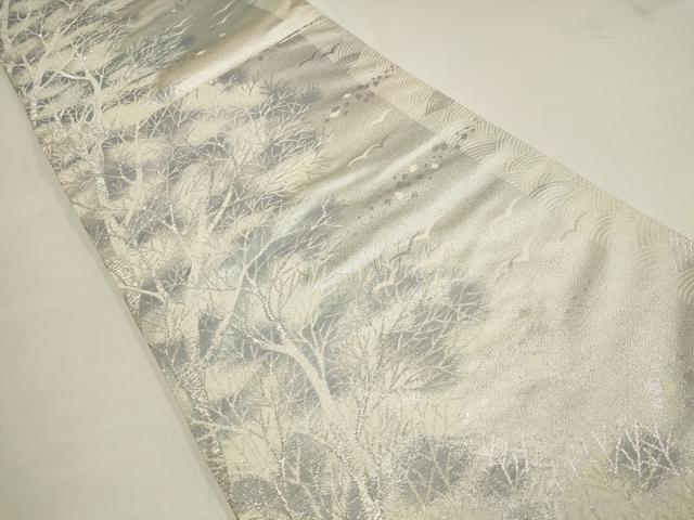 平和屋着物●六通柄袋帯　草木飛鳥文　銀糸　正絹　逸品　AAAQ4722wj