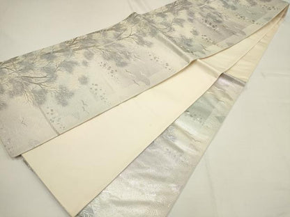 平和屋着物●六通柄袋帯　草木飛鳥文　銀糸　正絹　逸品　AAAQ4722wj