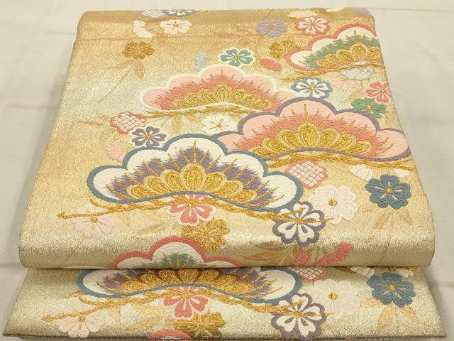 平和屋着物◎六通柄袋帯 唐織 笠松花文 金糸 正絹 逸品 AAAQ5706tm