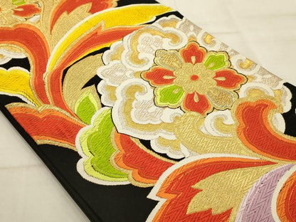 平和屋着物◎六通柄袋帯 唐織 正倉院花文 黒地 金糸 正絹 逸品 AAAQ5741tm