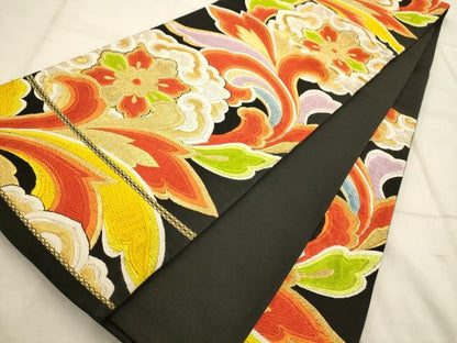 平和屋着物◎六通柄袋帯 唐織 正倉院花文 黒地 金糸 正絹 逸品 AAAQ5741tm