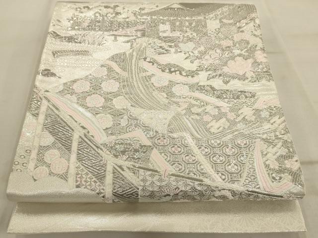 平和屋着物◎太鼓柄袋帯 唐織 薫香几帳式部図 銀糸 正絹 逸品 AAAQ5743tm