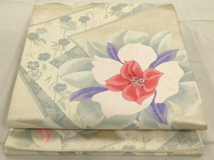 平和屋着物◎六通柄袋帯　唐織　花の出迎え　銀糸　正絹　逸品　AAAQ5744tm