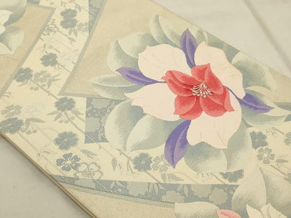 平和屋着物◎六通柄袋帯　唐織　花の出迎え　銀糸　正絹　逸品　AAAQ5744tm