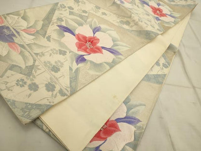 平和屋着物◎六通柄袋帯　唐織　花の出迎え　銀糸　正絹　逸品　AAAQ5744tm