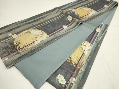 平和屋着物●西陣 河瀬満織物謹製 江戸の粋 六通柄袋帯 椿 月 竹 金糸 証紙付き 正絹 逸品 AAAQ7619wj