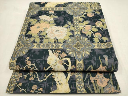 平和屋着物●山喜織物謹製 萬葉 紹巴 全通柄袋帯 草花文 正絹 逸品 AAAQ7847wj
