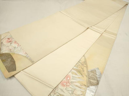 平和屋着物■太鼓柄袋帯　刺繍　地紙草花菱文　金銀彩　正絹　逸品　AAAQ7861wj