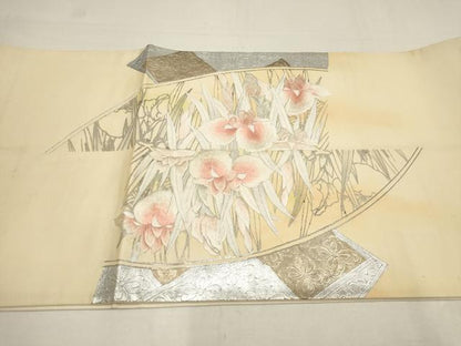 平和屋着物■太鼓柄袋帯　刺繍　地紙草花菱文　金銀彩　正絹　逸品　AAAQ7861wj