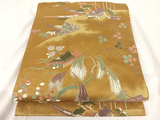 平和屋着物●六通柄袋帯 唐織 風景文 金糸 正絹 逸品 AAAR0186np