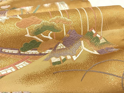 平和屋着物●六通柄袋帯 唐織 風景文 金糸 正絹 逸品 AAAR0186np