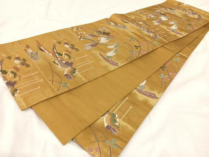 平和屋着物●六通柄袋帯 唐織 風景文 金糸 正絹 逸品 AAAR0186np