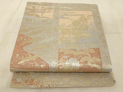 平和屋着物◎六通柄袋帯 飛鶴吉祥花文 金銀糸 正絹 逸品 AAAR0481tm