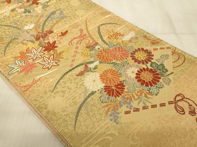 平和屋着物◎六通柄袋帯 唐織 花筏文 金糸 正絹 逸品 AAAR0482tm