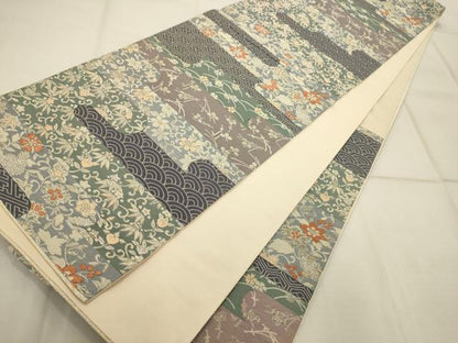 平和屋着物◎六通柄袋帯 唐織 エ霞草花文 金糸 正絹 逸品 AAAR0533tm