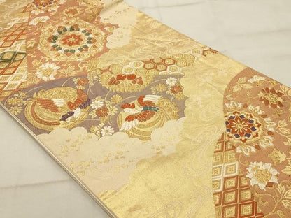 平和屋着物◎六通柄袋帯 唐織 花鳥文 金糸 正絹 逸品 AAAR0537tm