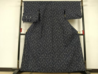 平和屋着物▽極上　久留米絣　単衣　分銅菱七宝文　反端付き　綿　逸品　AAAR1241np