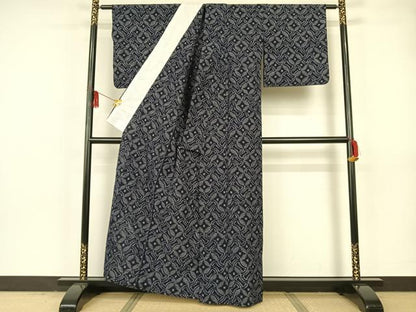 平和屋着物▽極上　久留米絣　単衣　分銅菱七宝文　反端付き　綿　逸品　AAAR1241np