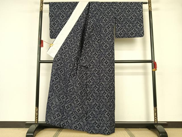 平和屋着物▽極上　久留米絣　単衣　分銅菱七宝文　反端付き　綿　逸品　AAAR1241np