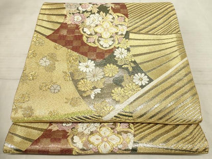 平和屋着物◎六通柄袋帯 唐織 扇面花文 金銀糸 正絹 逸品 AAAR1709sx