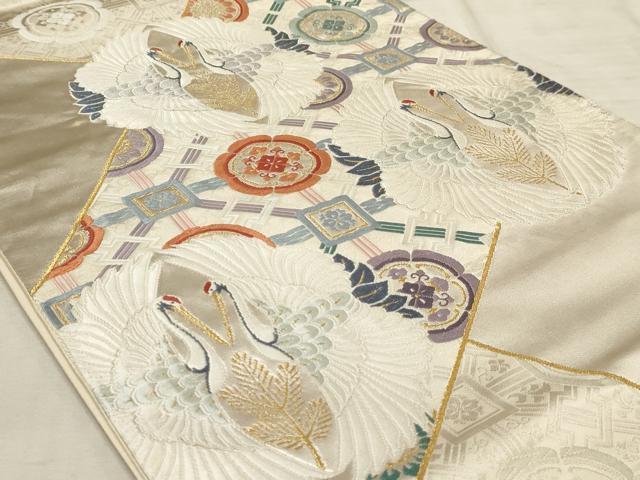 平和屋着物◎六通柄袋帯 唐織 裂取双鶴花文 金銀糸 正絹 逸品 AAAR1738sx