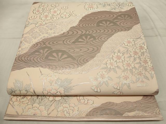 平和屋着物◎六通柄袋帯 唐織 道長流水花文 銀糸 正絹 逸品 AAAR1741sx
