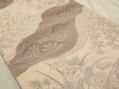 平和屋着物◎六通柄袋帯 唐織 道長流水花文 銀糸 正絹 逸品 AAAR1741sx