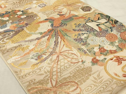 平和屋着物◎六通柄袋帯　唐織　雪輪花鳥風景文　金糸　正絹　逸品　AAAR1750sx