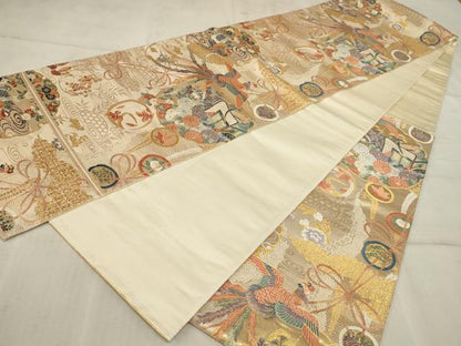 平和屋着物◎六通柄袋帯　唐織　雪輪花鳥風景文　金糸　正絹　逸品　AAAR1750sx