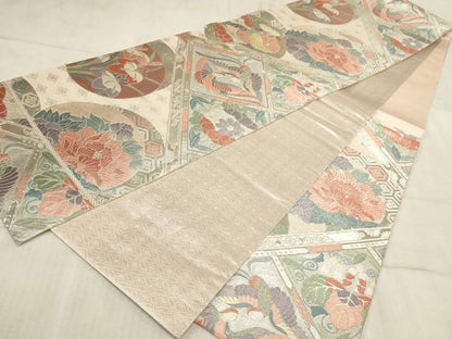 平和屋着物◎佐賀錦 六通柄袋帯 格天井花鳥図 銀糸 正絹 逸品 AAAR1769sx