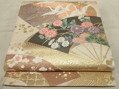 平和屋着物◎六通柄袋帯 唐織 扇面花鳥文 金糸 正絹 逸品 AAAR1771sx