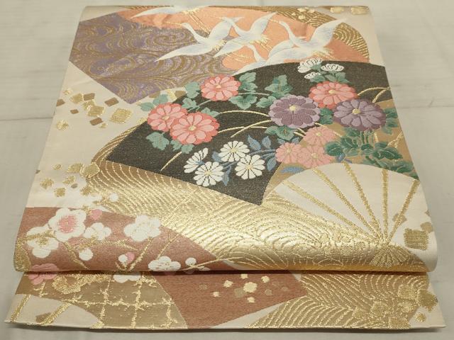 平和屋着物◎六通柄袋帯 唐織 扇面花鳥文 金糸 正絹 逸品 AAAR1771sx